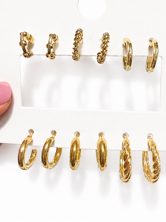 Jewelry - 2/20 Gold Hoop Earrings Lot 6 Pairs Mixed Huggie Hoops Textured Twisted Minimal